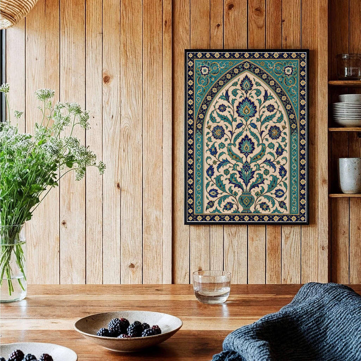 Symmetrical fine art print of historic Ottoman Iznik tile arch showing a central vase filled with palmettes, tulips, and arabesque foliage. Curated by MapYourDreams, this artwork is available in flexible options including unframed paper, custom wooden frames, and gallery canvas wraps tailored for interior design.