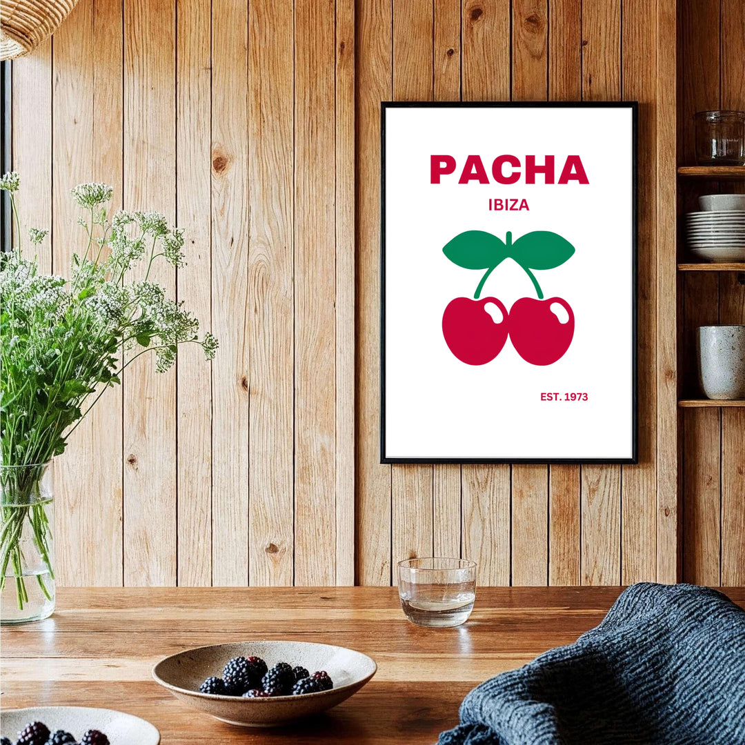 Iconic nightlife logo art print featuring red cherries and green leaves for Pacha in Ibiza, Spain, provided by MapYourDreams with options like unframed paper, gallery canvas, or custom frames in natural wood, pure gold, and retro white styles.