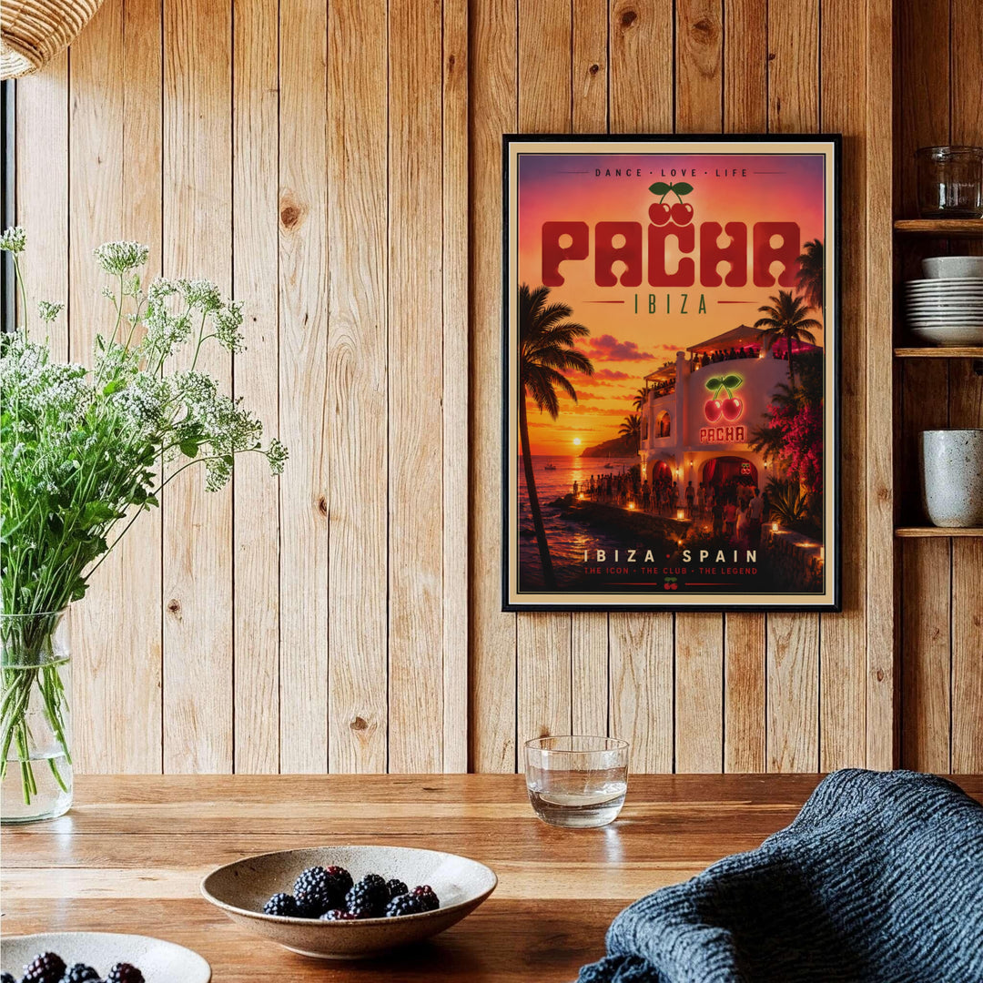Mediterranean ocean sunset poster depicting the iconic Pacha club building lit up at dusk along the rocky coastline of Ibiza, provided by MapYourDreams as an unframed print, ready-to-hang gallery canvas, or custom framed art print for bedroom styling.