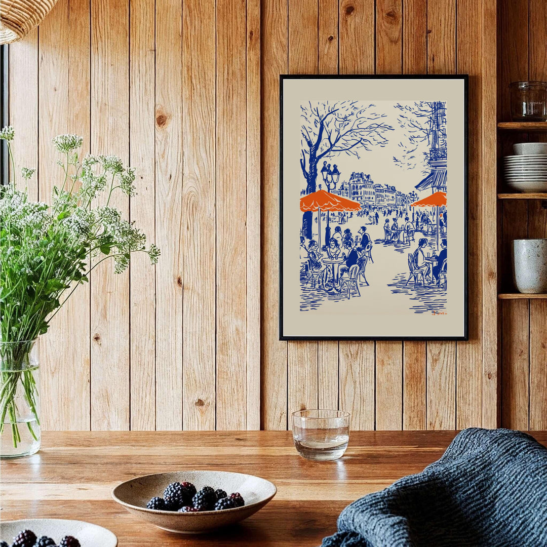 French city street art poster featuring blue ink linework on a beige background in Paris France. Shop high-definition framed, unframed, and canvas art print choices directly at MapYourDreams.