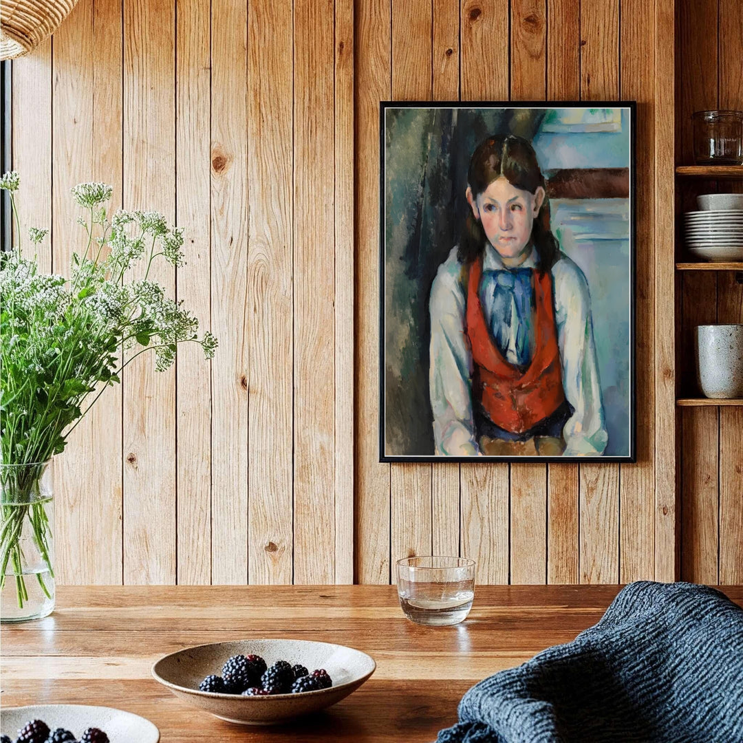 Dramatic portrait painting print of Paul Cezanne Boy In A Red Vest 1888 painted in Paris France with bold red and blue hues. Shop high-definition framed prints, unframed paper posters, and stretched canvas options directly at MapYourDreams for timeless arrangements.