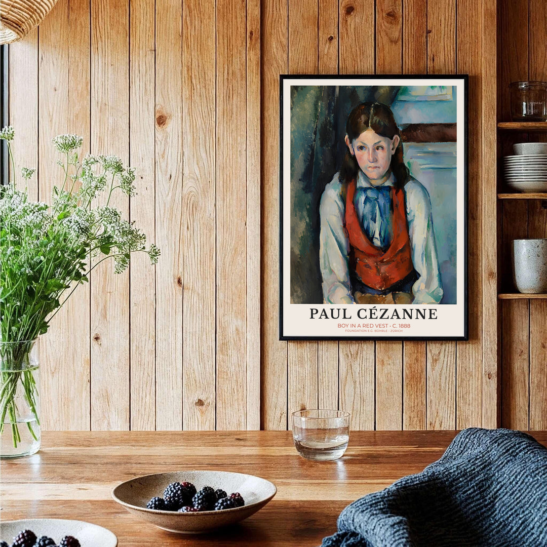 Historic 1888 exhibition artwork poster of Paul Cezanne Boy In Red Vest 1888 rendered with structural paint strokes in Paris France. Order custom framed prints, unframed paper wall art, or gallery canvas options from MapYourDreams to transform your living room aesthetics.