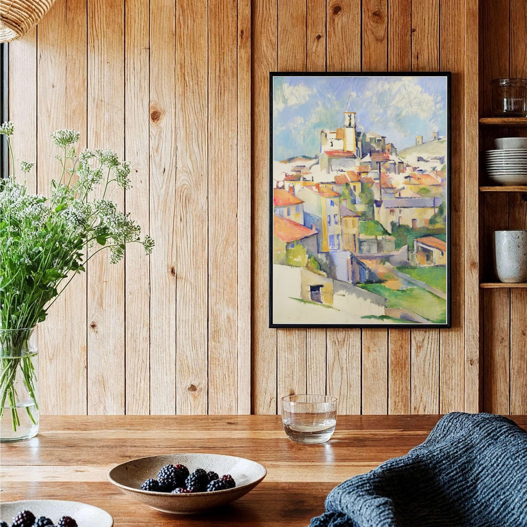 Historic 1885 artwork poster of Paul Cezanne Gardanne 1885 rendered with structural geometric strokes in Gardanne France. Order custom framed prints, unframed paper wall art, or gallery canvas options from MapYourDreams to transform your living room aesthetics.