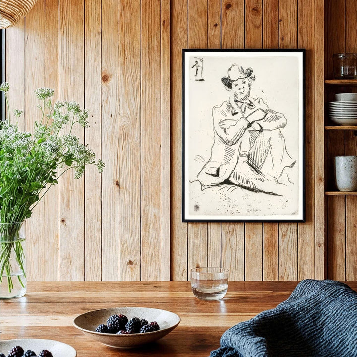 Monochrome line art canvas print of Paul Cezanne Guillaumin With Hanged Man 1873 depicting a seated artist in Auvers-sur-Oise France. MapYourDreams offers versatile framed wall art, unframed poster prints, and stretched canvas choices for art lovers and home decorators alike.