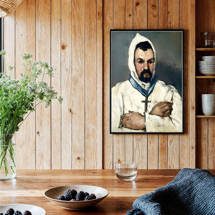 Expressive portrait painting print of Paul Cezanne Uncle Dominique As A Monk 1866 painted in Aix-en-Provence France on a slate grey backdrop. Shop high-definition framed prints, unframed paper posters, and stretched canvas options directly at MapYourDreams for timeless arrangements.