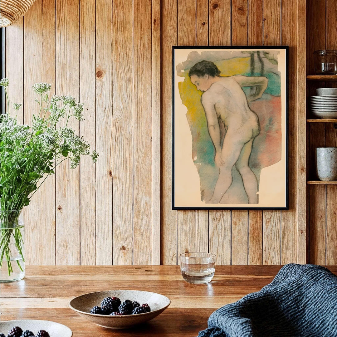 Historic 1886 pastel poster of Paul Gauguin Breton Bather 1886 showing a bather near the Aven River in Pont-Aven, Brittany, France. Order custom framed prints, unframed paper wall art, or gallery canvas options from MapYourDreams to transform your living room aesthetics.
