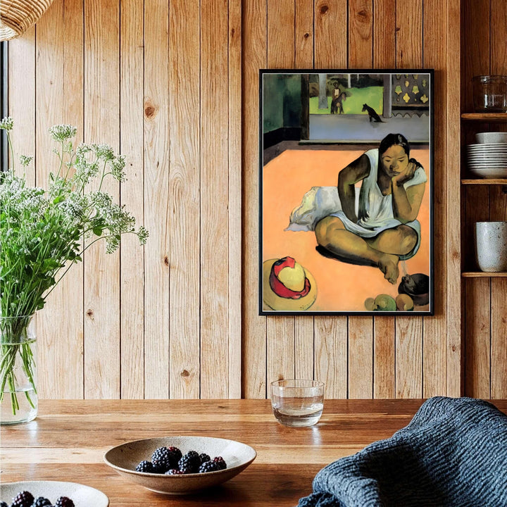 Graphic tropical figure print of Paul Gauguin Brooding Woman Te Faaturuma 1891 created in Tahiti French Polynesia with warm peach and green tones. Shop high-definition framed prints, unframed paper posters, and stretched canvas options directly at MapYourDreams for timeless arrangements.