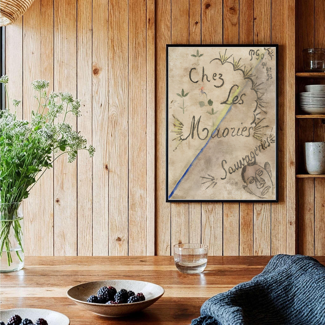 Authentic French master view poster of Paul Gauguin Chez Les Maories 1893 showing primitive line drawings in Tahiti, French Polynesia. Order custom framed prints, unframed paper wall art, or gallery canvas options from MapYourDreams to transform your entryway aesthetics.
