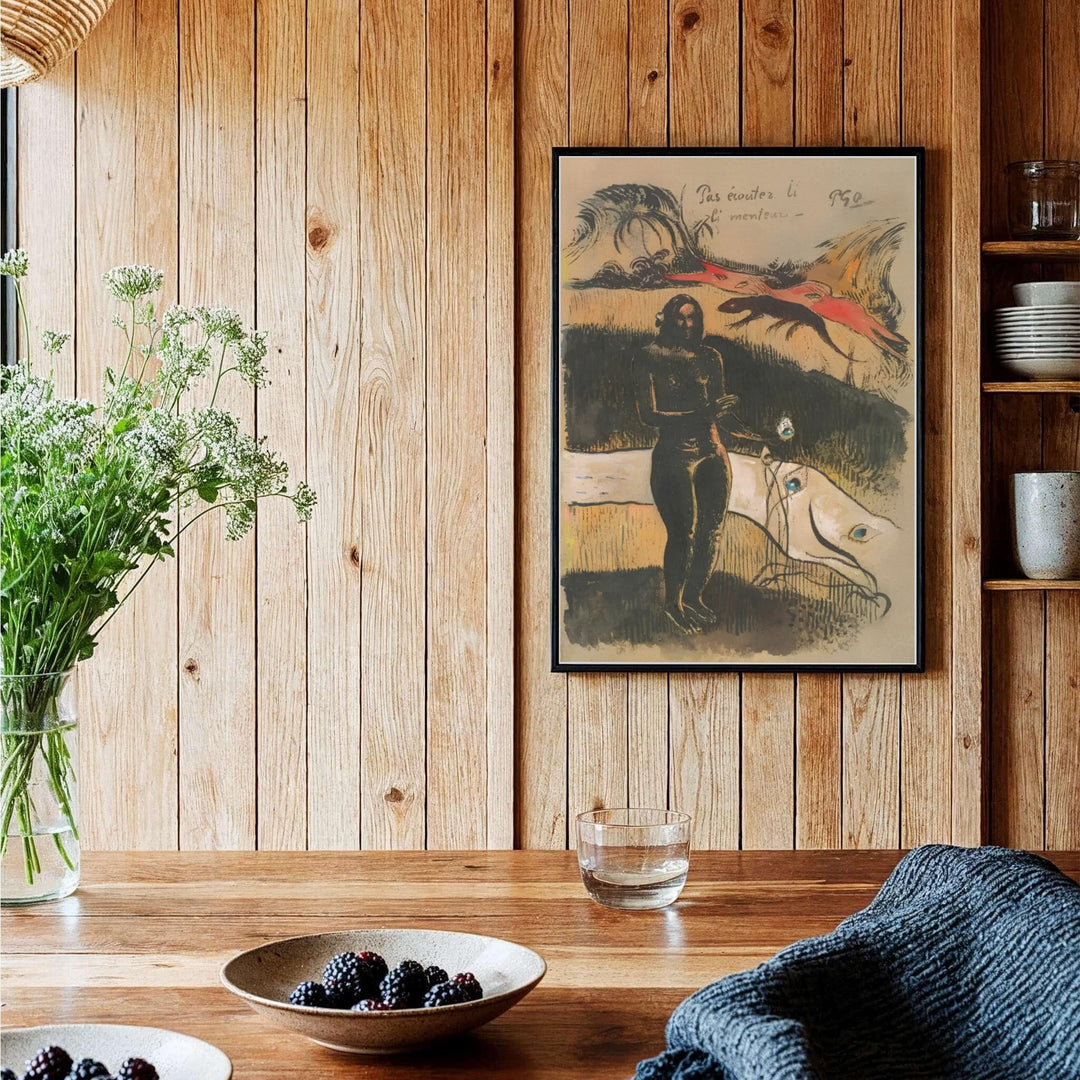 Graphic Symbolist print of Paul Gauguin Delightful Land Nave Nave Fenua 1894 created in Tahiti, French Polynesia with bold carved palm fronds. Shop high-definition framed prints, unframed paper posters, and stretched canvas options directly at MapYourDreams for classic arrangements.