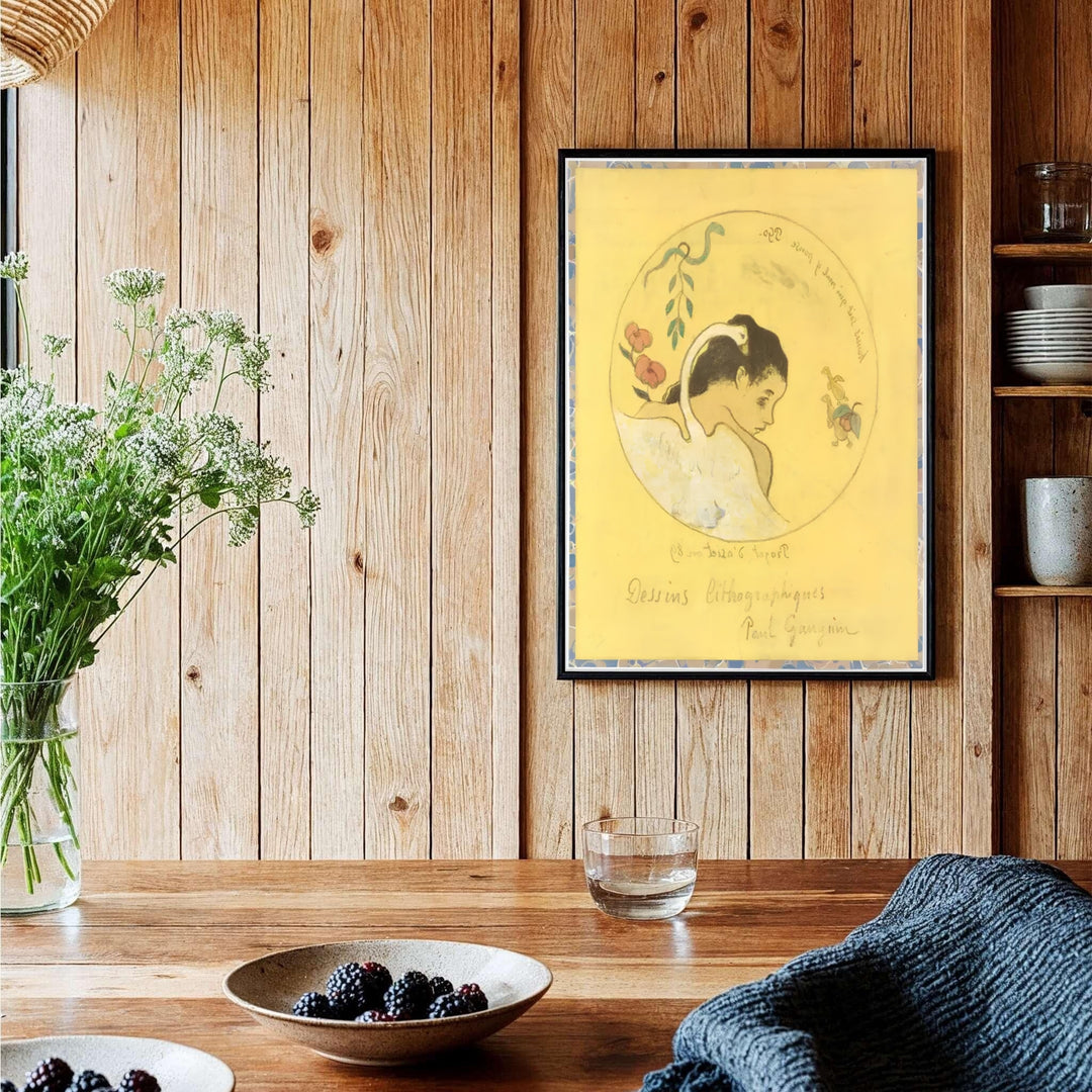 Authentic French master view poster of Paul Gauguin Design For A Plate 1889 showing elegant cursive typography in Brittany, France. Order custom framed prints, unframed paper wall art, or gallery canvas options from MapYourDreams to transform your entryway aesthetics.