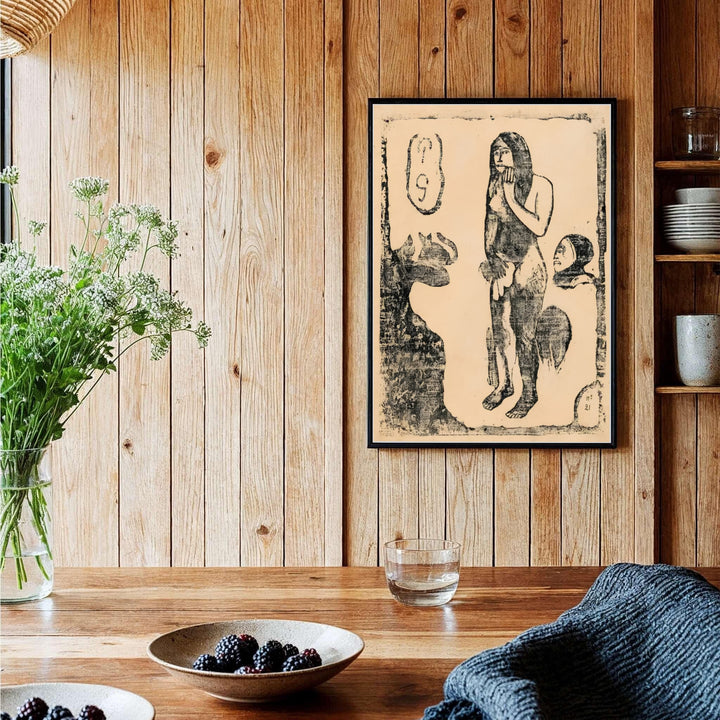 Authentic French master view poster of Paul Gauguin Eve Suite Of Late Woodblocks 1898 showing reflective figure pose in Tahiti, French Polynesia. Order custom framed prints, unframed paper wall art, or gallery canvas options from MapYourDreams to transform your entryway aesthetics.
