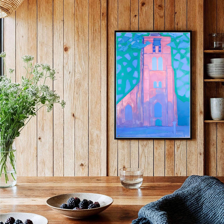 The mesmerizing contrast between the monumental church tower and the vibrant background washes in this Piet Mondrian composition creates an atmosphere of serene artistic sophistication. MapYourDreams proudly supplies this fine art print in flexible formats, such as archival paper posters, custom-fitted frames, and ready-to-display gallery canvas wraps for any residential or office space.