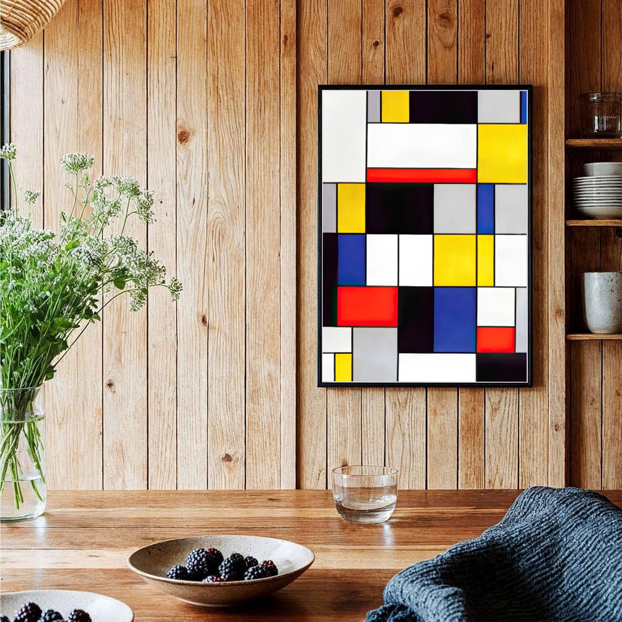 The mesmerizing contrast between luminous color blocks and stark white fields in this Piet Mondrian composition creates an atmosphere of serene artistic sophistication. MapYourDreams proudly supplies this fine art print in flexible formats, such as archival paper posters, custom-fitted frames, and ready-to-display gallery canvas wraps for any residential or office space.
