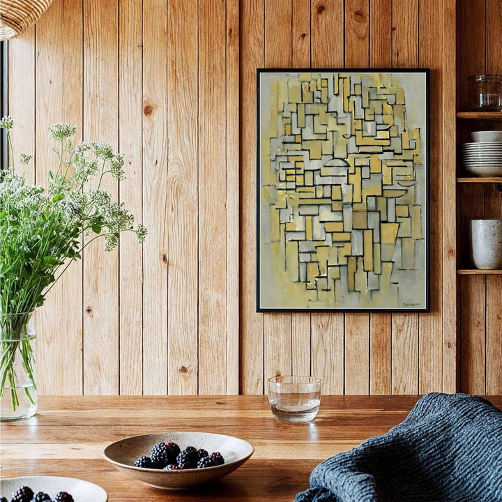 The mesmerizing contrast between the concentrated central lattice and the atmospheric background washes in this 1913 Piet Mondrian composition creates an atmosphere of serene artistic sophistication. MapYourDreams proudly supplies this fine art print in flexible formats, such as archival paper posters, custom-fitted frames, and ready-to-display gallery canvas wraps for any residential or office space.