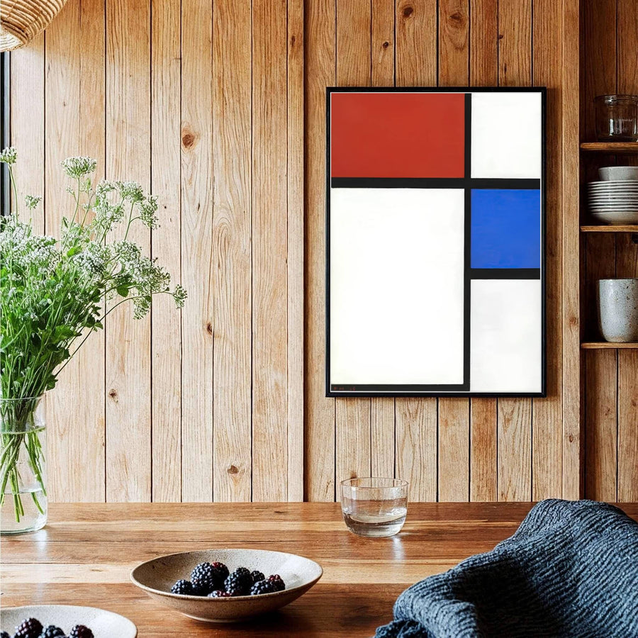 The mesmerizing contrast between luminous primary color blocks and stark white fields in this 1929 Piet Mondrian composition creates an atmosphere of serene artistic sophistication. MapYourDreams proudly supplies this fine art print in flexible formats, such as archival paper posters, custom-fitted frames, and ready-to-display gallery canvas wraps for any residential or office space.