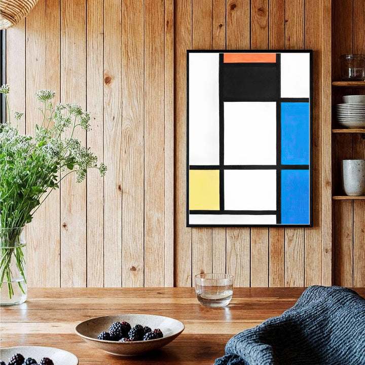 Showcasing the visionary structural technique of the master, this historic Piet Mondrian Composition Red Blue Yellow poster immortalizes neoplasticism theory with profound grace and absolute graphic restraint. MapYourDreams offers this gallery-worthy geometric print in diverse presentation styles, encompassing traditional paper posters, custom frames in various wood and metallic tones, and premium stretched canvas wraps.
