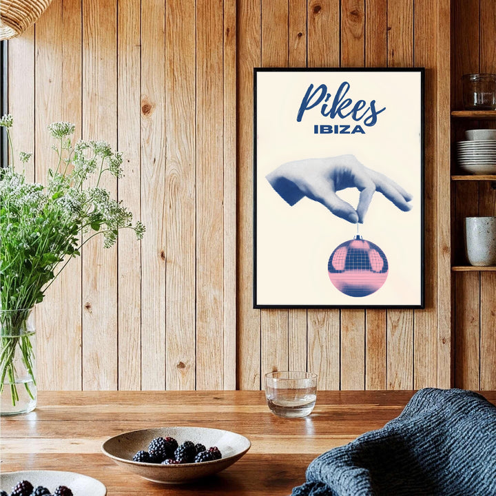 Mediterranean rock and roll venue poster depicting Pikes Hotel in San Antonio, Ibiza with surreal hand and disco ball imagery, provided by MapYourDreams as an unframed print, ready-to-hang gallery canvas, or custom framed art print for chic bedroom wall decoration.