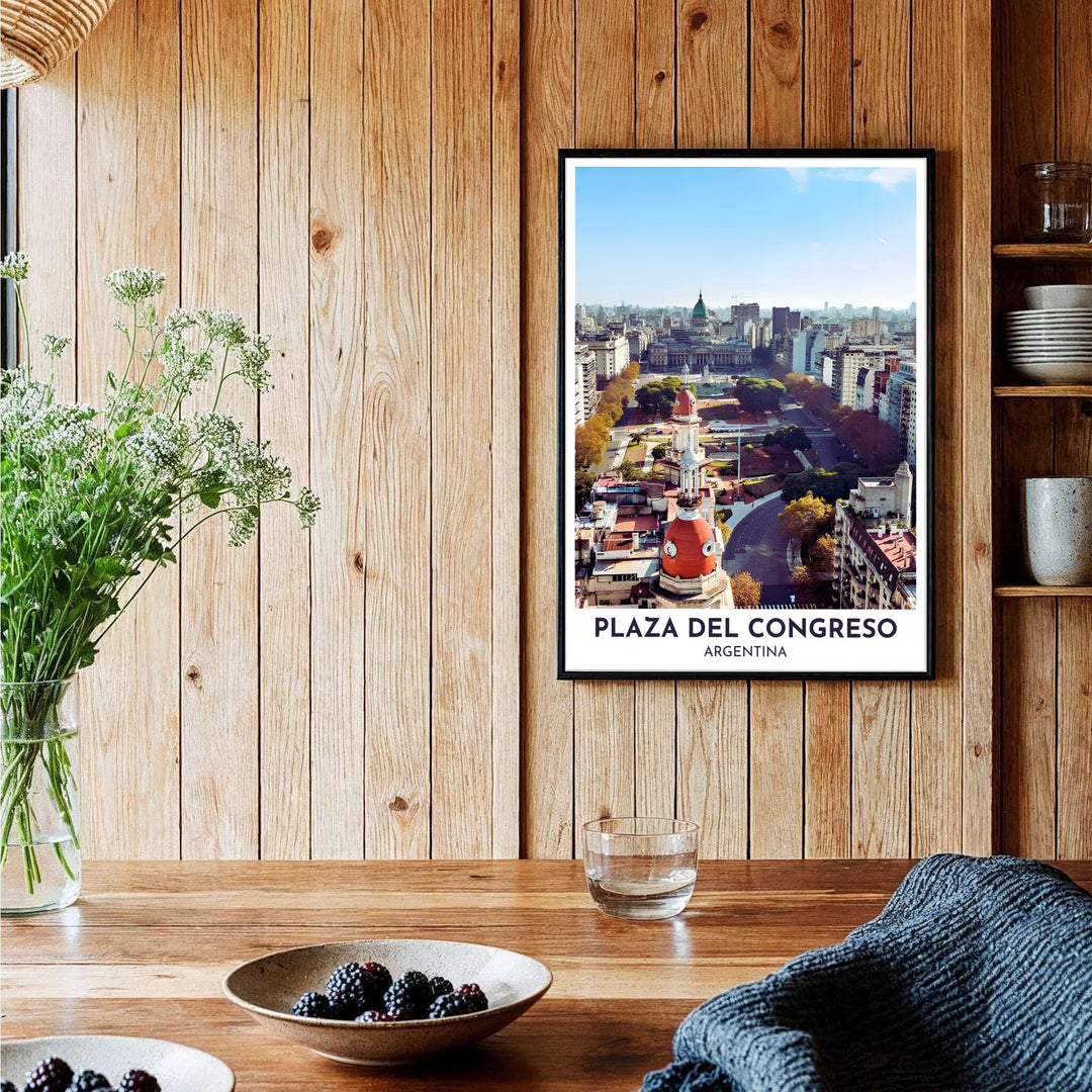 Bringing sophisticated urban elegance and South American charm directly into your room, this Plaza del Congreso poster balances warm sandstone hues with lush plaza greenery, curated by MapYourDreams in unframed paper, timber frames, and canvas wraps.