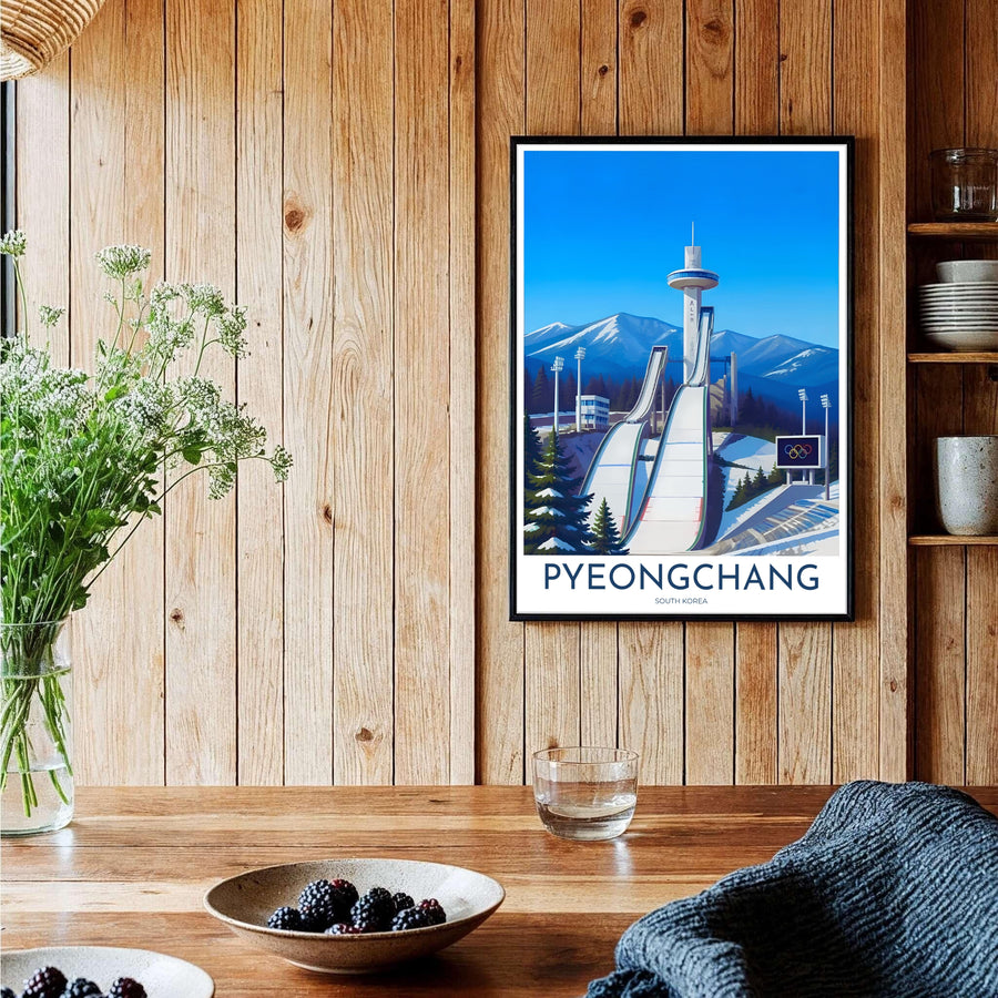 Dynamic winter sports wall decor illustrating the architectural ramps of the Alpensia Ski Jump Centre in Pyeongchang, South Korea, bathed in crisp winter sunlight. Offered by MapYourDreams, this artwork is available in flexible options including unframed paper, custom wooden frames, and gallery canvas wraps.