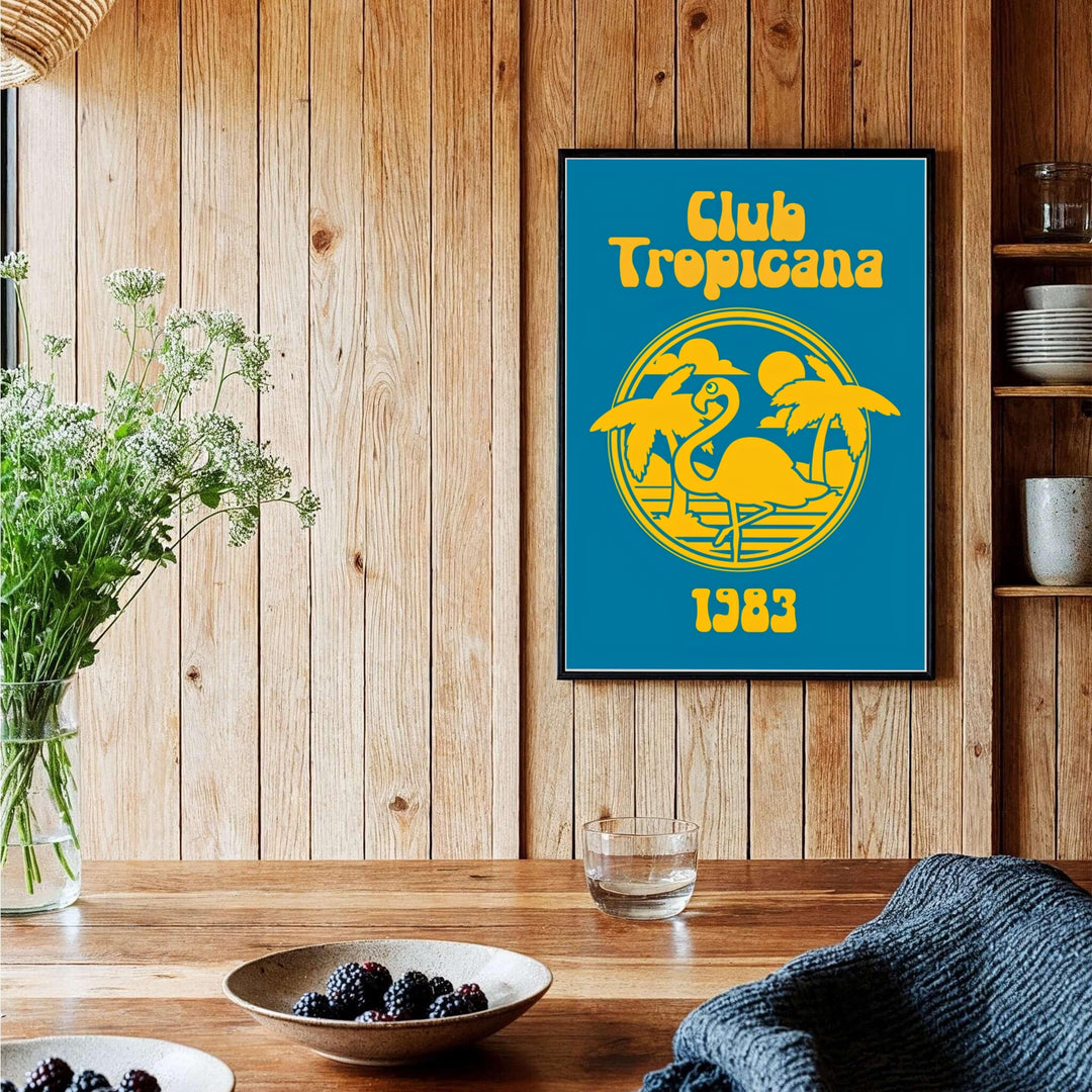 Mediterranean summer venue poster depicting Club Tropicana 1983 with tropical flamingo and sun imagery, provided by MapYourDreams as an unframed print, ready-to-hang gallery canvas, or custom framed art print for bright bedroom wall decoration.
