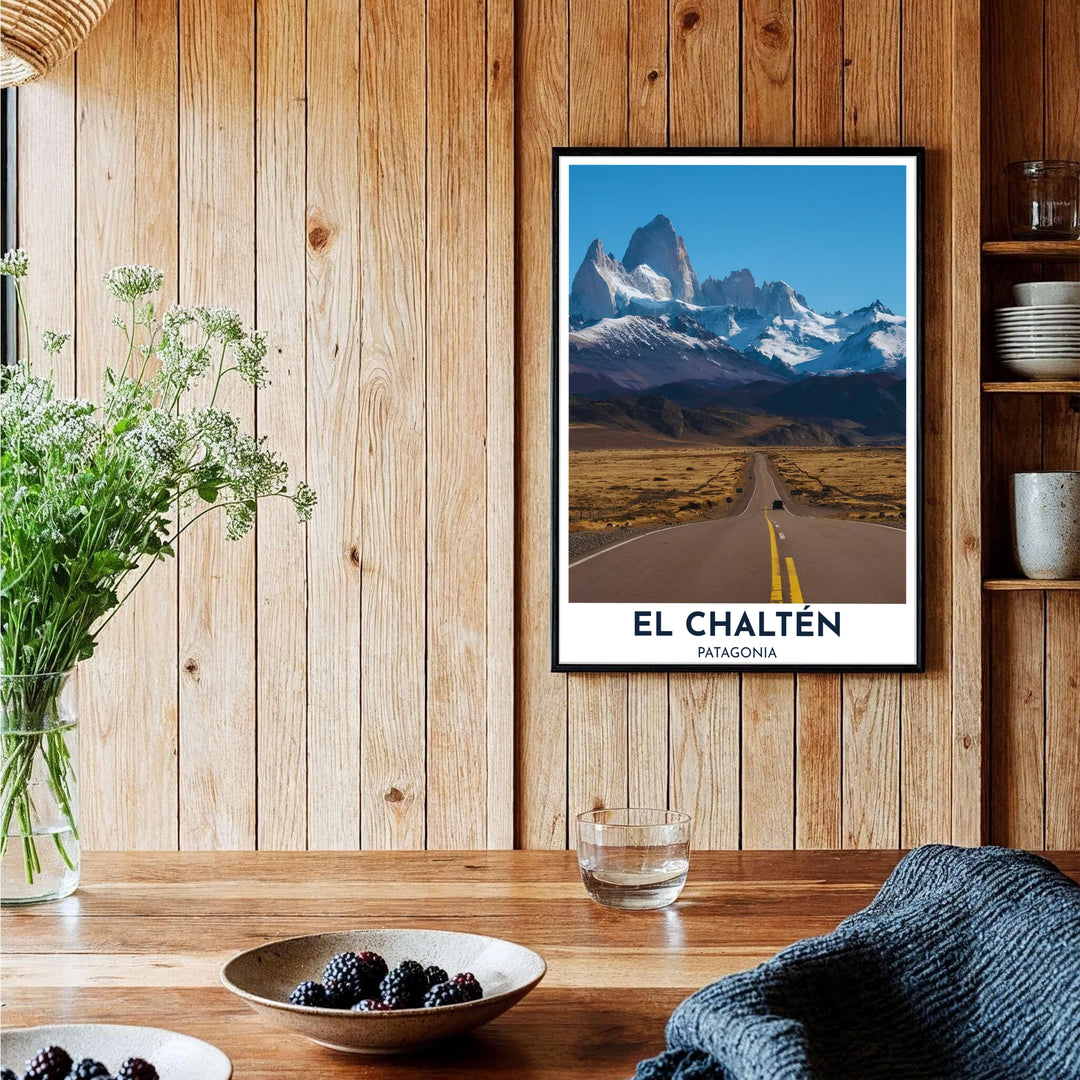 Bringing vast open space and majestic mountain vistas onto your walls, this El Chaltén poster pairs earthy ochre tones with snowy alpine heights, curated by MapYourDreams in unframed paper, timber frames, and canvas wraps.