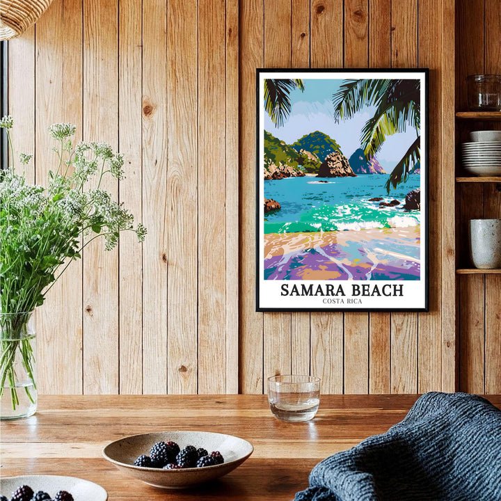 A relaxing Pacific ocean perspective looking across Samara Beach toward Isla Chora in Costa Rica highlights this print. Shop premium framed, unframed, and gallery canvas options at MapYourDreams today.