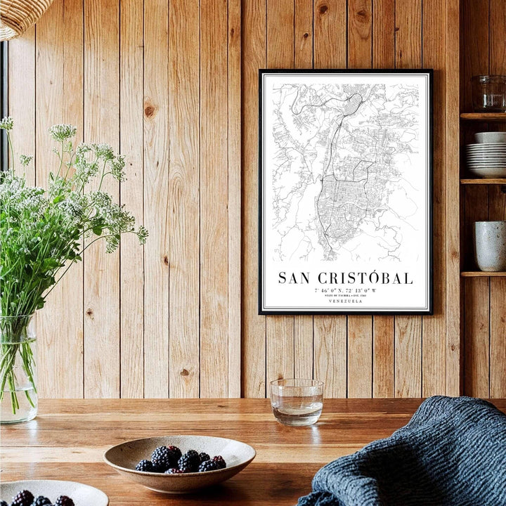 Detailed cartographic geography poster representing the roads, rivers, and official coordinates of San Cristóbal, Táchira, Venezuela. Brought to you by MapYourDreams, this item can be ordered on archival paper, in custom wooden frames, or wrapped on canvas.