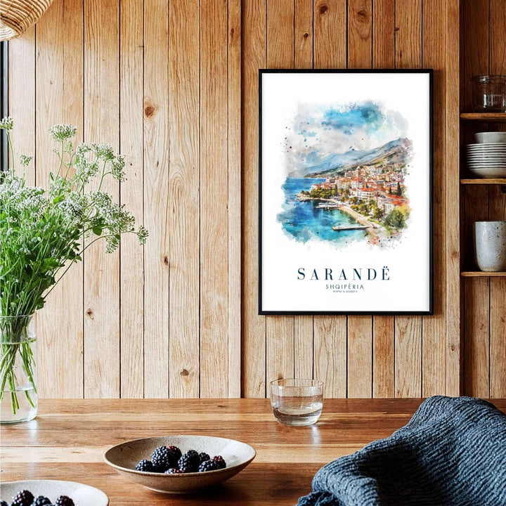 A captivating European travel poster illustrating Sarandë coastal bay, framed by clean white borders and elegant cartographic coordinates. Choose from several presentation options including unframed paper, custom frames, and gallery canvas wraps.