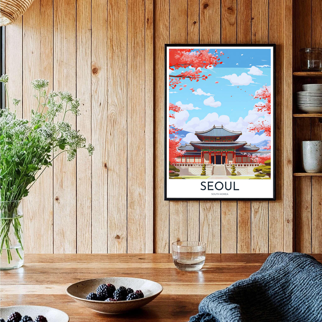 Expressive vector wall decor illustrating the Joseon dynasty architecture of Gyeongbokgung Palace in Seoul, South Korea, framed by bright spring cherry blossom branches. Offered by MapYourDreams, this artwork is available in flexible options including unframed paper, custom wooden frames, and gallery canvas wraps.