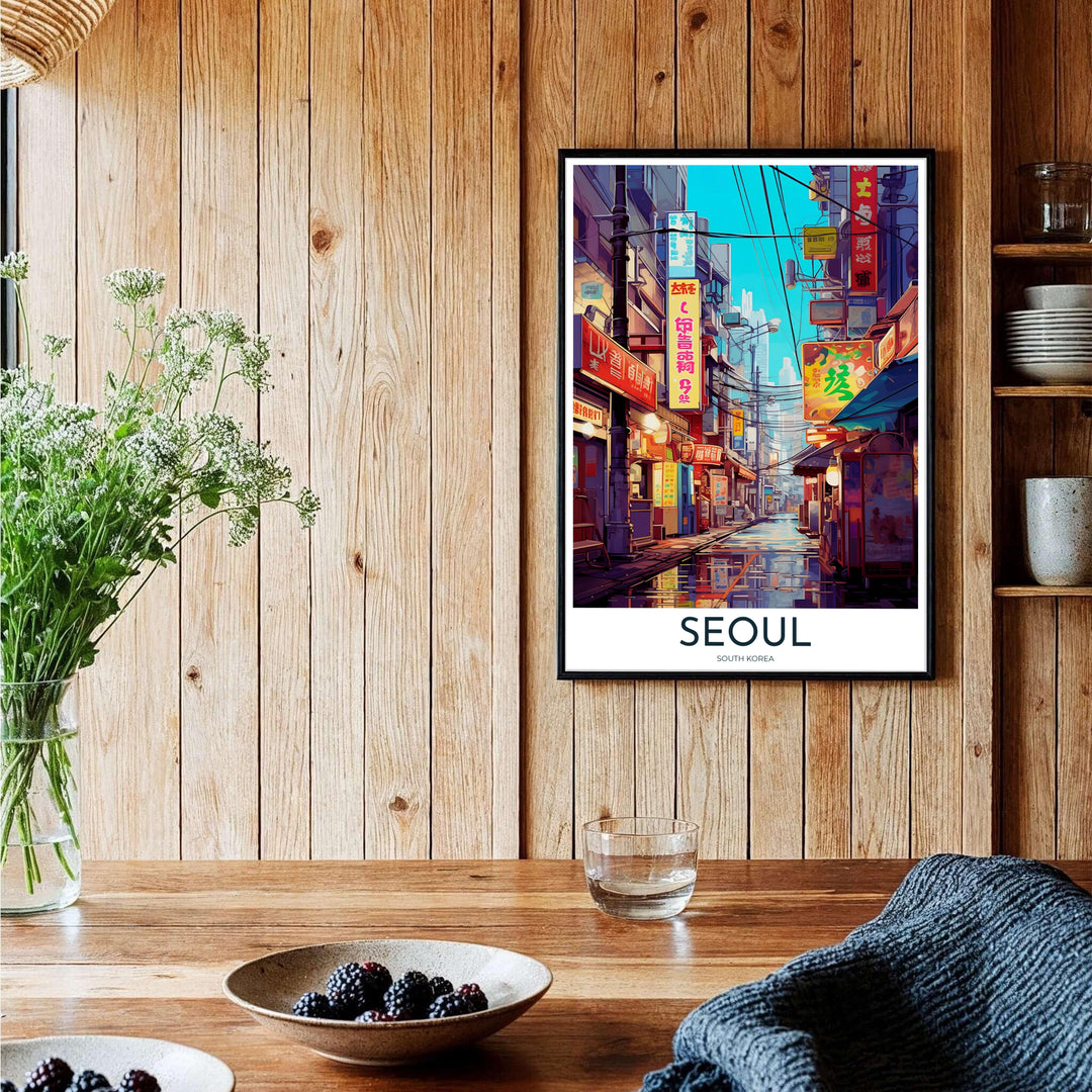 Expressive anime vector wall decor illustrating the electric nightlife ambiance of Seoul, South Korea, with glowing red and amber shop fronts framing a wet, shimmering city alley. Offered by MapYourDreams, this artwork is available in flexible options including unframed paper, custom wooden frames, and gallery canvas wraps.