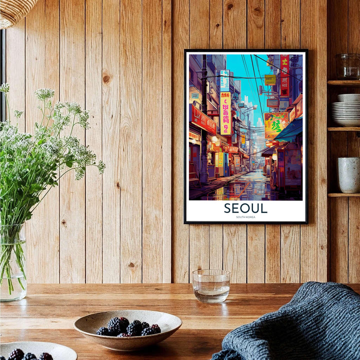 Expressive anime vector wall decor illustrating the electric nightlife ambiance of Seoul, South Korea, with glowing red and amber shop fronts framing a wet, shimmering city alley. Offered by MapYourDreams, this artwork is available in flexible options including unframed paper, custom wooden frames, and gallery canvas wraps.