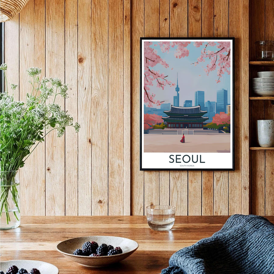 Expressive vector wall decor illustrating the historic charm of Gyeongbokgung Palace in Seoul, South Korea, framed by soft pink cherry blossom branches and distant mountain and city silhouettes. Offered by MapYourDreams, this artwork is available in flexible options including unframed paper, custom wooden frames, and gallery canvas wraps.