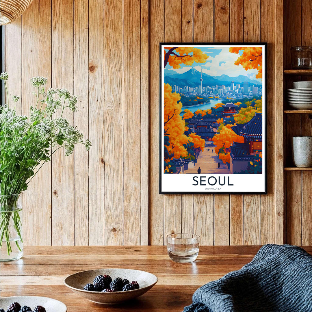Expressive vector wall decor capturing the seasonal splendor of autumn in Seoul, South Korea, with glowing yellow tree foliage, blue tiled Hanok roofs, and N Seoul Tower against a mountain backdrop. Offered by MapYourDreams, this artwork is available in flexible options including unframed paper, custom wooden frames, and gallery canvas wraps.