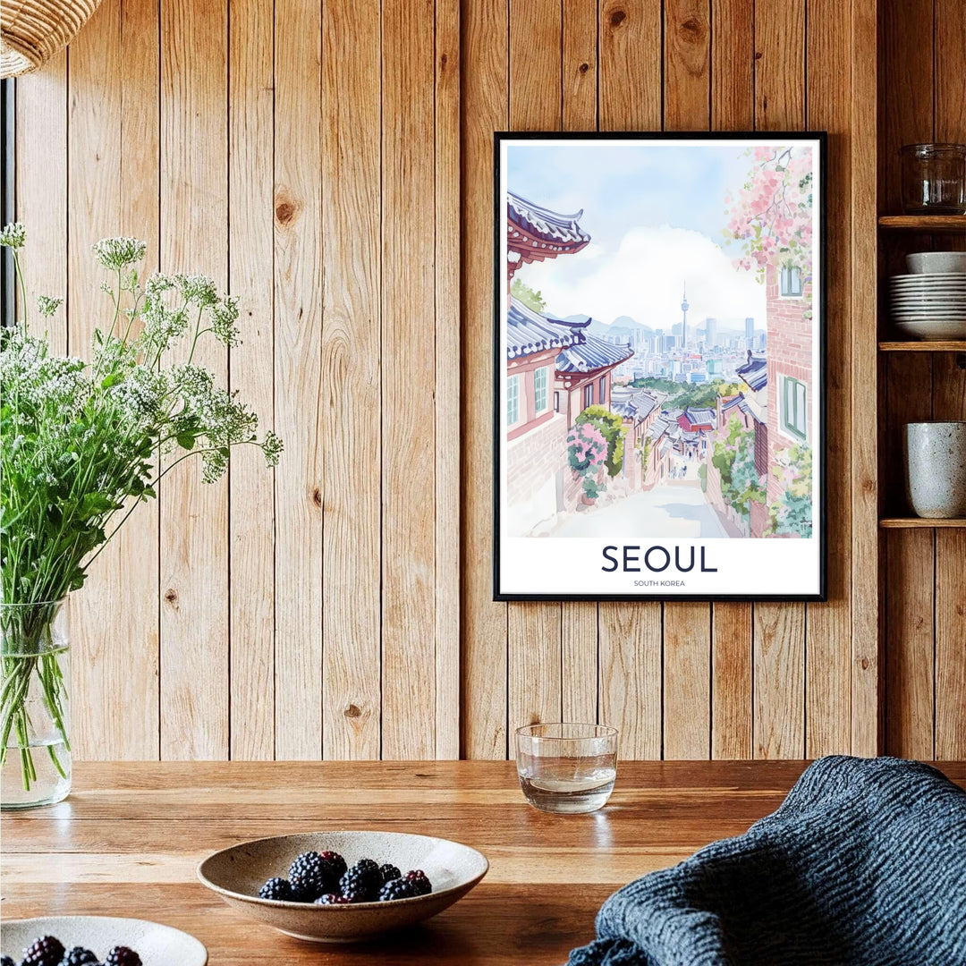 Soft pastel vector wall decor capturing the historic tranquility of Bukchon Hanok Village in Seoul, South Korea, with periwinkle tiled roofs, rose-pink flowers, and N Seoul Tower on the horizon. Offered by MapYourDreams, this artwork is available in flexible options including unframed paper, custom wooden frames, and gallery canvas wraps.