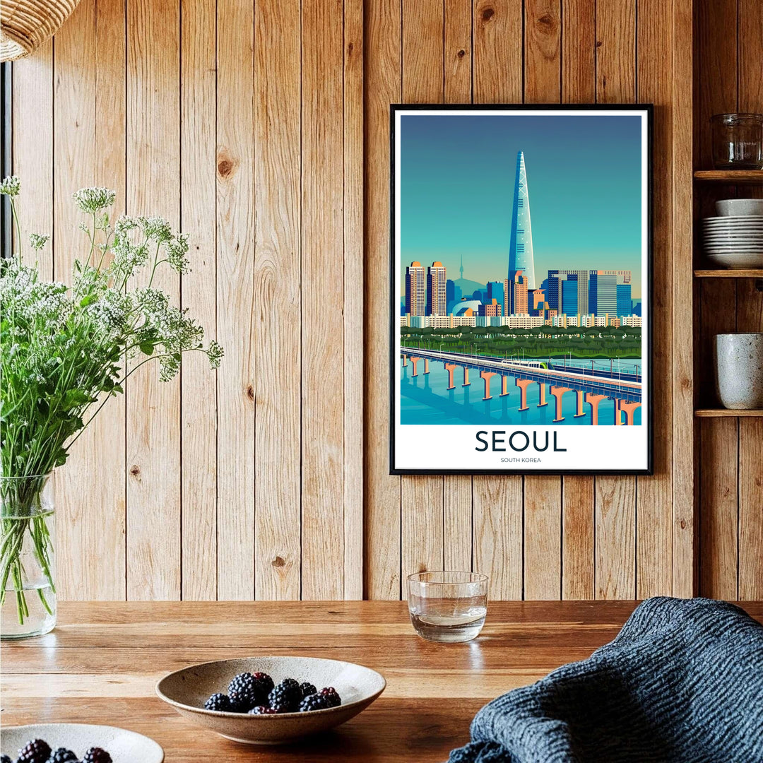 Urban architectural artwork illustrating the blue waters and bridges of Seoul South Korea, brought to you by MapYourDreams in flexible formats including unframed poster prints and sleek framed canvas.