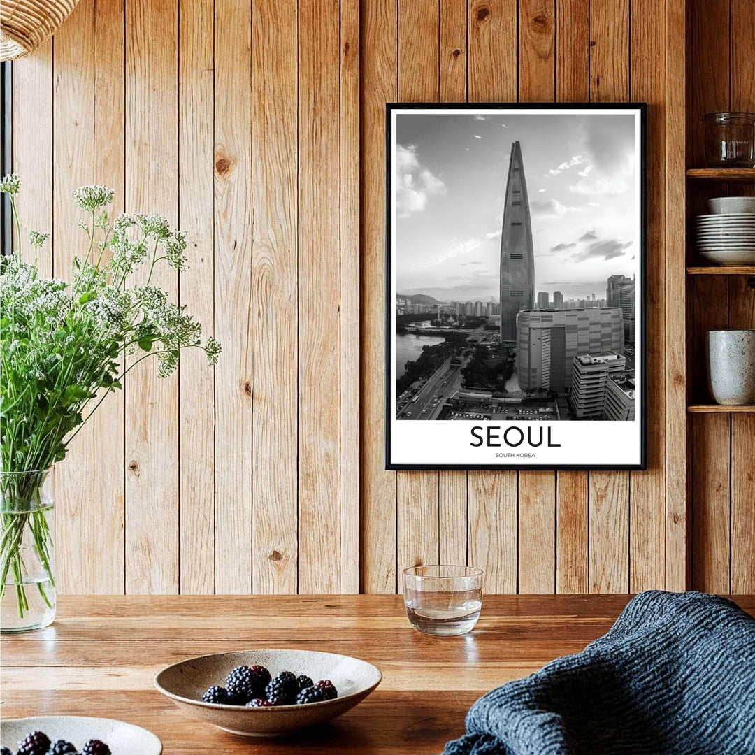 Elegant black and white travel wall art featuring Lotte World Tower and city expressways in Seoul South Korea, curated by MapYourDreams across unframed archival paper, natural wood frames, and gallery stretched canvas to deliver premium quality print aesthetic to your wall space.