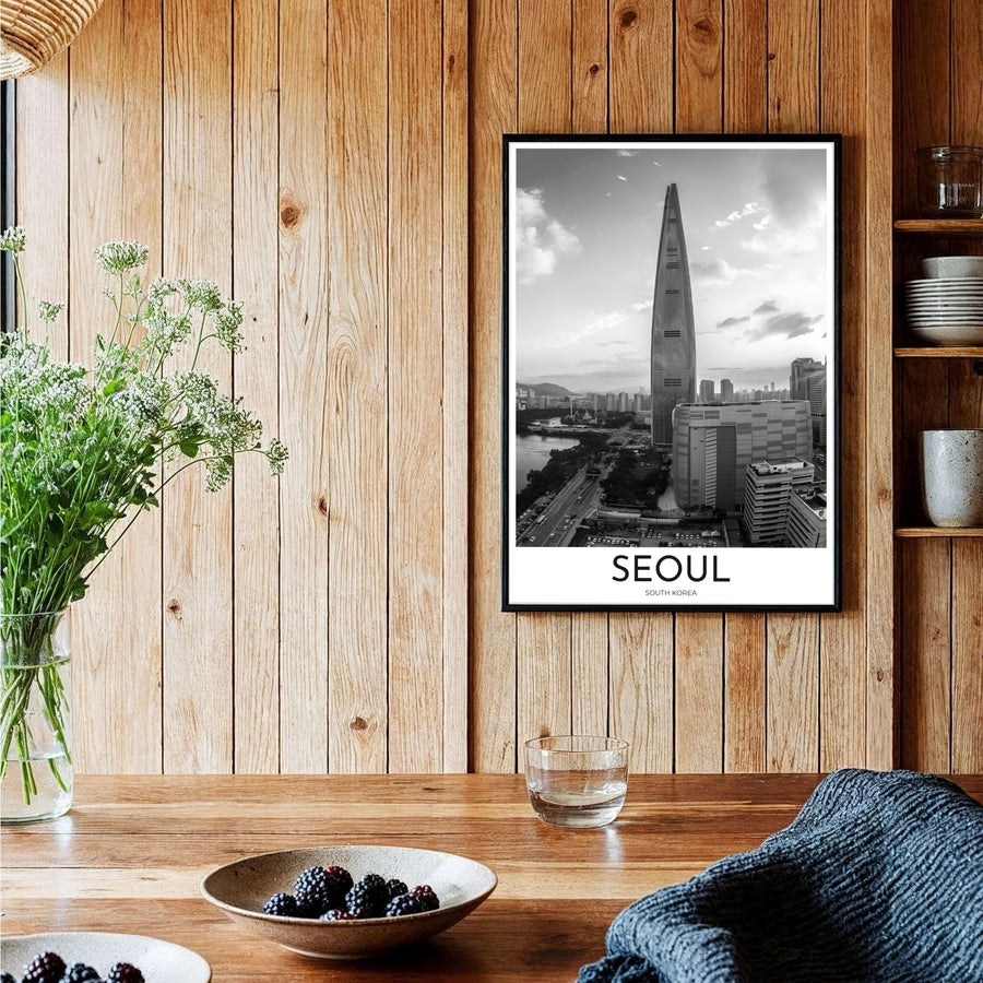 Elegant black and white travel wall art featuring Lotte World Tower and city expressways in Seoul South Korea, curated by MapYourDreams across unframed archival paper, natural wood frames, and gallery stretched canvas to deliver premium quality print aesthetic to your wall space.