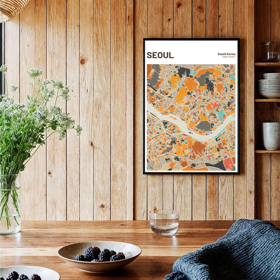 Stylized beige and orange street map wall art showcasing the modern districts of Seoul, South Korea, produced by MapYourDreams in flexible choices including unframed poster prints, natural wood frames, and canvas wraps tailored for warm contemporary home environments.