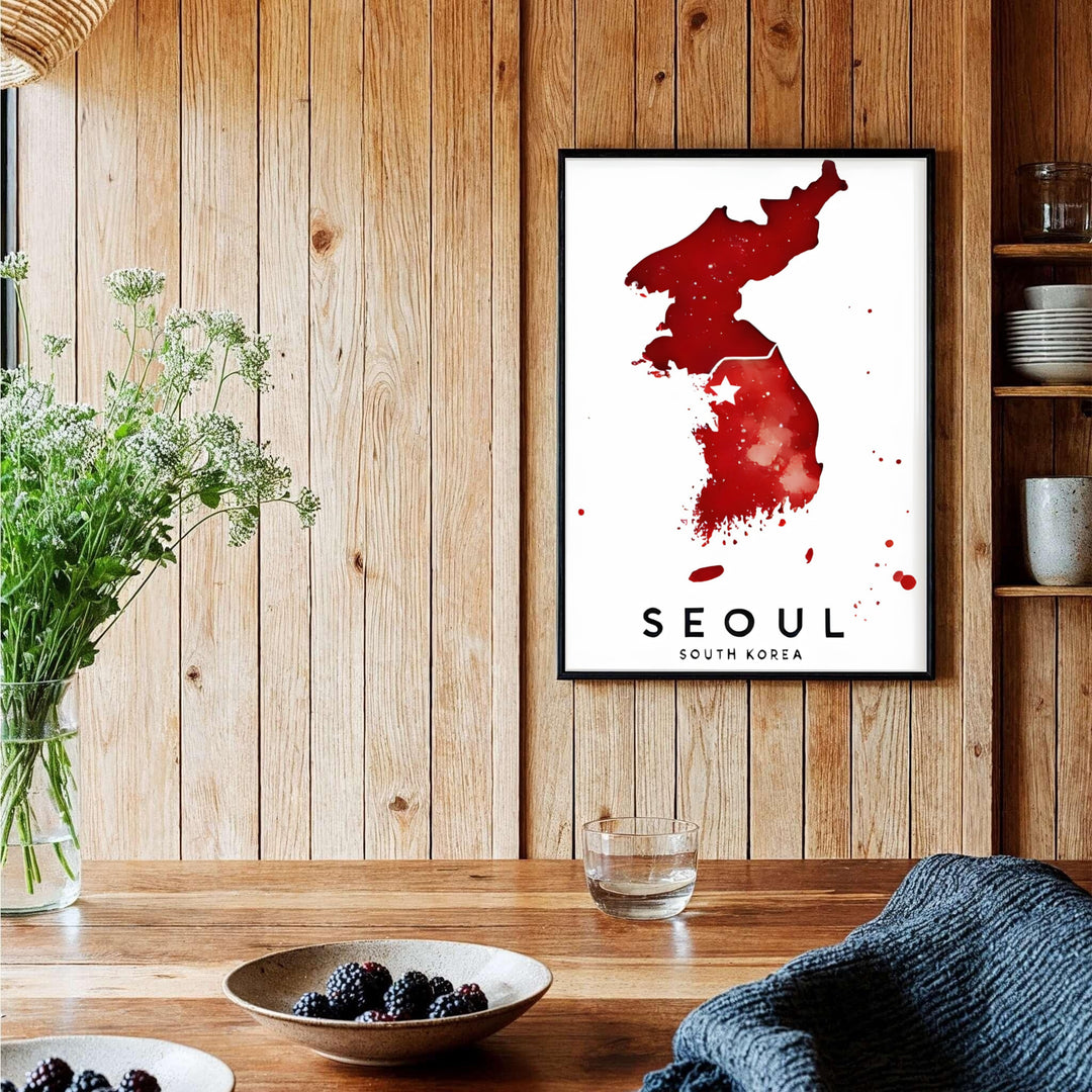 Stylized red watercolor street and peninsula map wall art showcasing the capital of Seoul, South Korea, produced by MapYourDreams in flexible choices including unframed poster prints, natural wood frames, and canvas wraps tailored for modern home environments.
