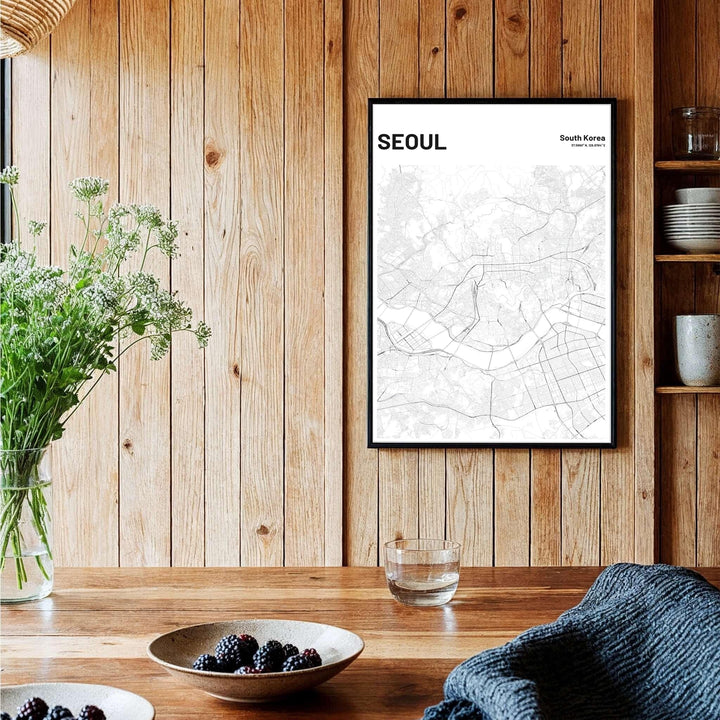 Sharp monochrome city map art print featuring the intricate urban street web of seoul south korea, curated by MapYourDreams across unframed archival paper, natural wood frames, and gallery stretched canvas options that deliver premium quality print aesthetics directly to your wall.