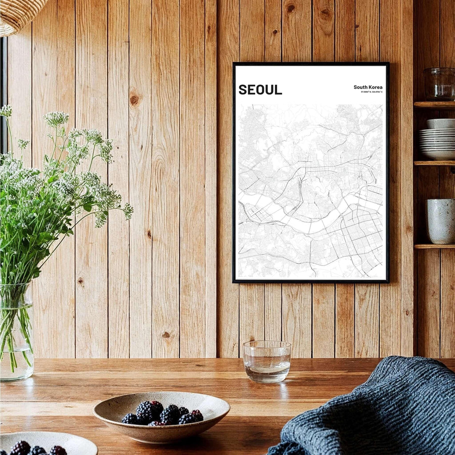 Sharp monochrome city map art print featuring the intricate urban street web of seoul south korea, curated by MapYourDreams across unframed archival paper, natural wood frames, and gallery stretched canvas options that deliver premium quality print aesthetics directly to your wall.