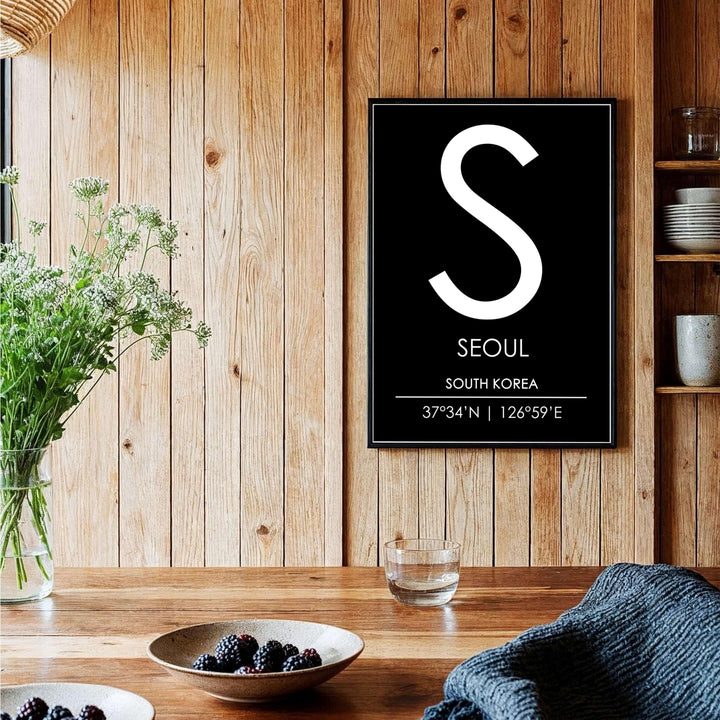 Sharp monochrome letter S monogram art print featuring the initial symbol of seoul south korea, curated by MapYourDreams across unframed archival paper, natural wood frames, and gallery stretched canvas options that deliver premium quality print aesthetics directly to your wall.