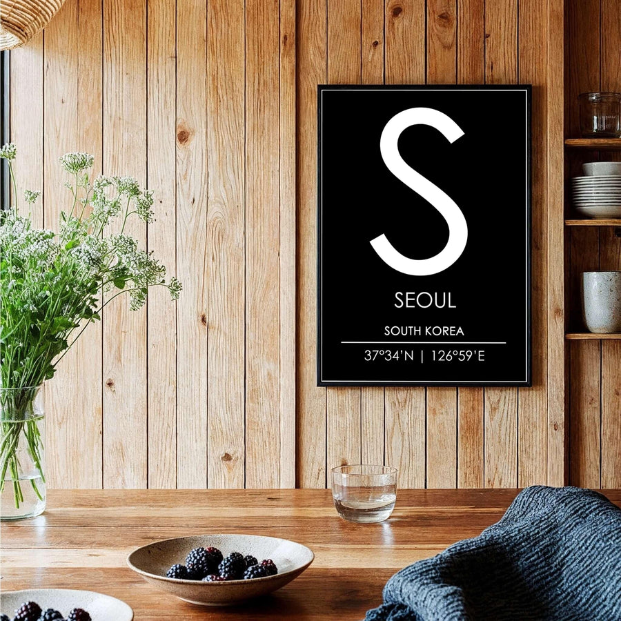 Sharp monochrome letter S monogram art print featuring the initial symbol of seoul south korea, curated by MapYourDreams across unframed archival paper, natural wood frames, and gallery stretched canvas options that deliver premium quality print aesthetics directly to your wall.