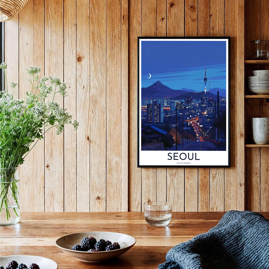 Elevated urban landscape decor print displaying a peaceful night view of Seoul South Korea&