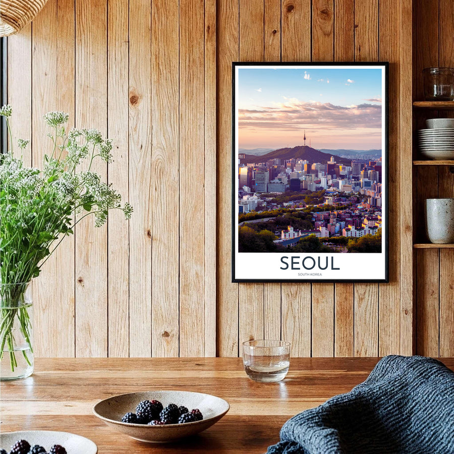 Soft twilight sky photography print depicting Namsan Mountain and the sprawling city horizon of Seoul South Korea, offered by MapYourDreams in versatile styling formats like unframed paper, custom picture frames, and canvas that add relaxing metropolitan warmth to interiors.