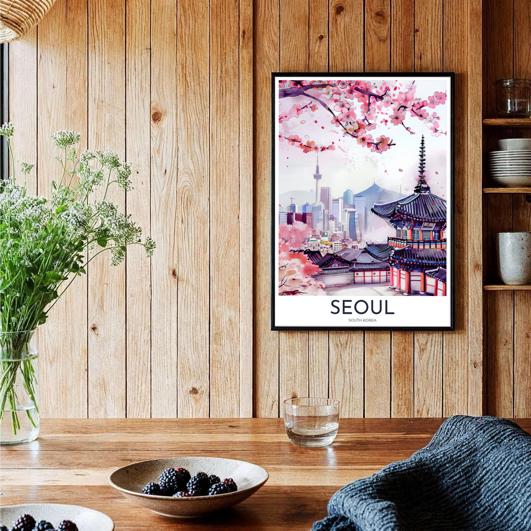 Springtime urban landscape decor print displaying a peaceful view of Seoul South Korea&