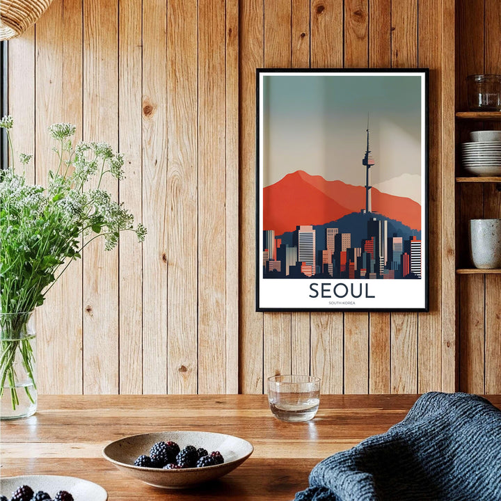 Elegant orange and navy travel wall art featuring N Seoul Tower and city building silhouettes in Seoul South Korea, curated by MapYourDreams across unframed archival paper, natural wood frames, and gallery stretched canvas to deliver premium quality print aesthetics.