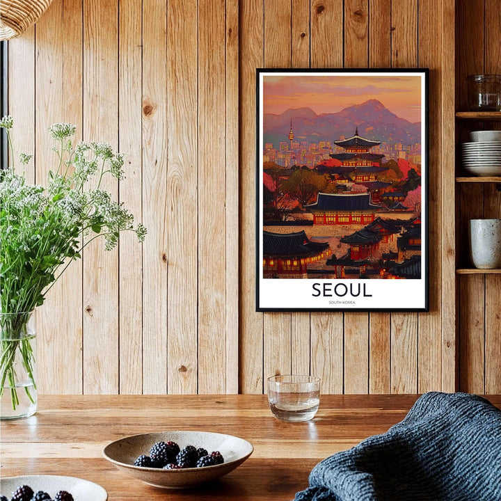 Elegant peach and violet travel wall art featuring historic pagoda roofs and N Seoul Tower in Seoul South Korea, curated by MapYourDreams across unframed archival paper, natural wood frames, and gallery stretched canvas to deliver premium quality print aesthetics.