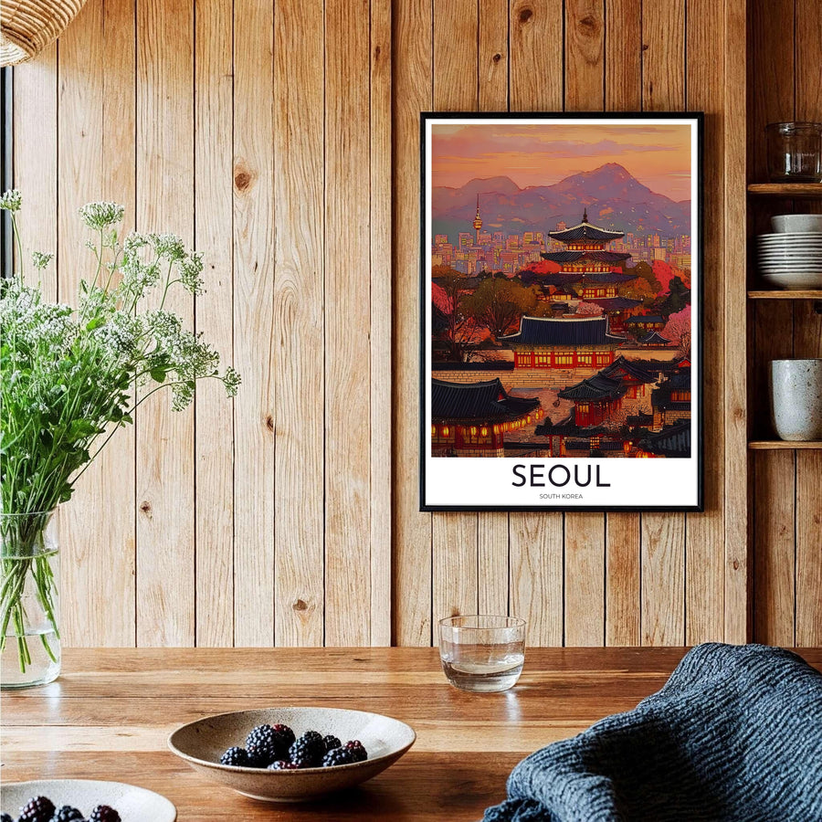 Elegant peach and violet travel wall art featuring historic pagoda roofs and N Seoul Tower in Seoul South Korea, curated by MapYourDreams across unframed archival paper, natural wood frames, and gallery stretched canvas to deliver premium quality print aesthetics.