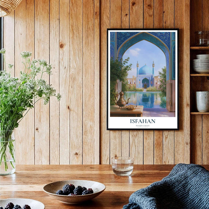 Symmetrical fine art print of historic Shah Mosque in Isfahan showing an archway framing a tranquil reflecting pool and blue domes. Curated by MapYourDreams, this artwork is available in flexible options including unframed paper, custom wooden frames, and gallery canvas wraps tailored for interior design.